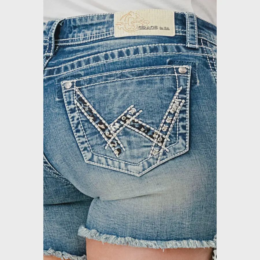GRACE IN LA Heavy Stitches Leopard Detail Mid Rise Shorts