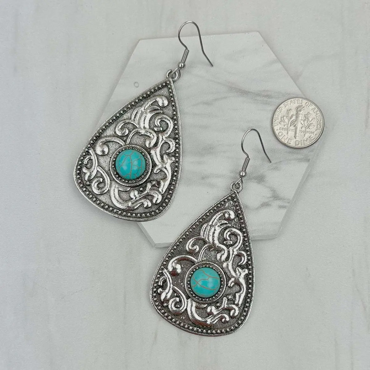 Silver Metal &  Stone Teardrop Earrings