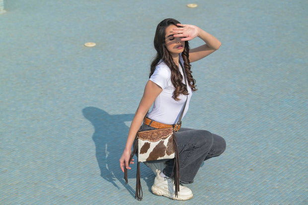 Tooling Leather Cowhide Bag with Fringes