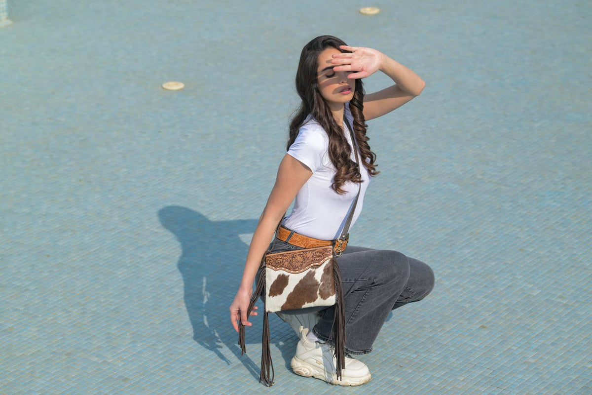 Tooling Leather Cowhide Bag with Fringes
