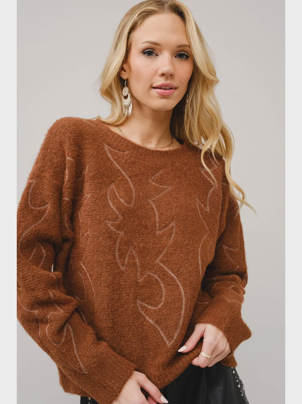 Western Boots Stitch Pattern Crew Neck Sweater