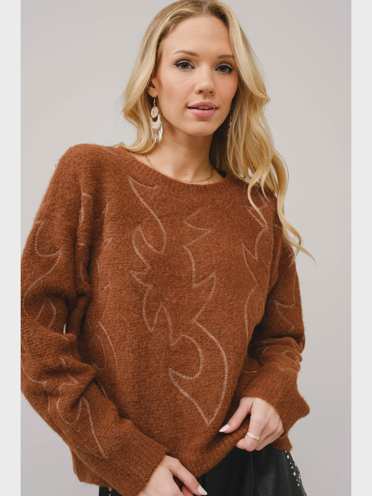 Western Boots Stitch Pattern Crew Neck Sweater