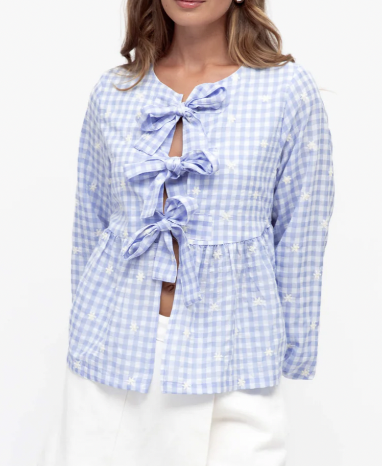 Blue Gingham Tie Front Blouse