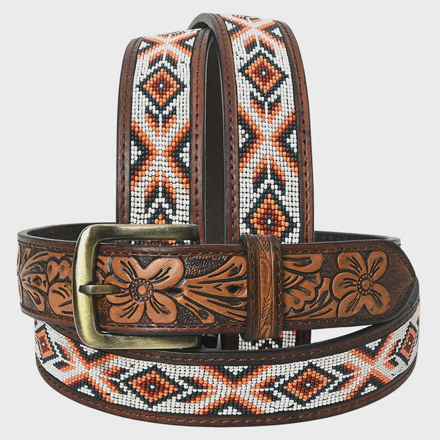 Hand Crafted Leather Belt w/ Inlaid Bead Burnt Orange