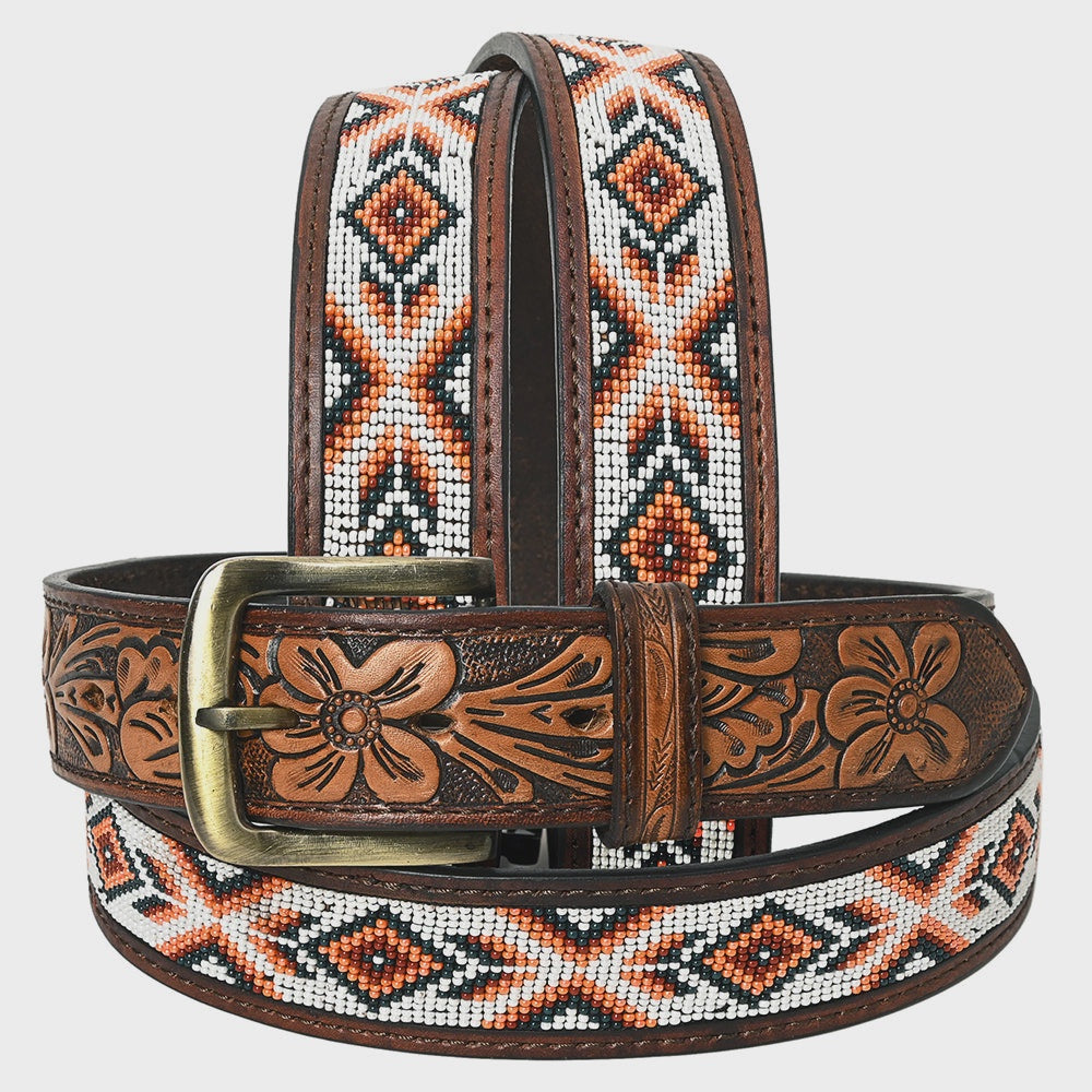 Hand Crafted Leather Belt w/ Inlaid Bead Burnt Orange