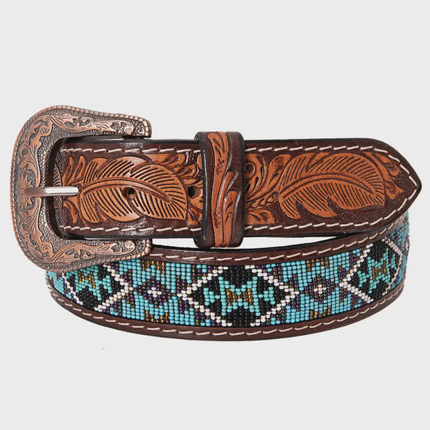 Hand Carved Western Leather Beaded Belt