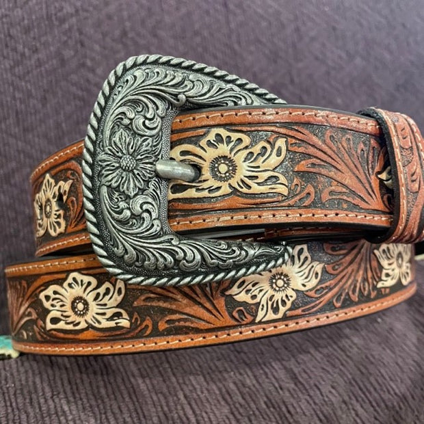 Womens Belt Tooled Distressed Leather